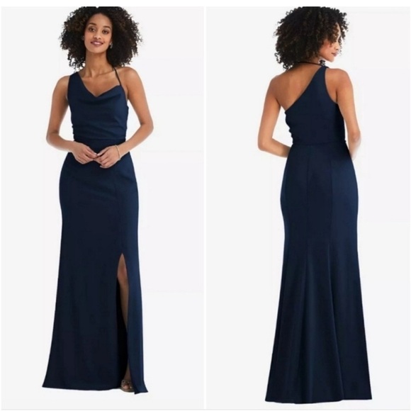 AFTER SIX 6849 Midnight Blue One Shoulder Draped Cowl Neck Maxi Bridesmaid Dress
